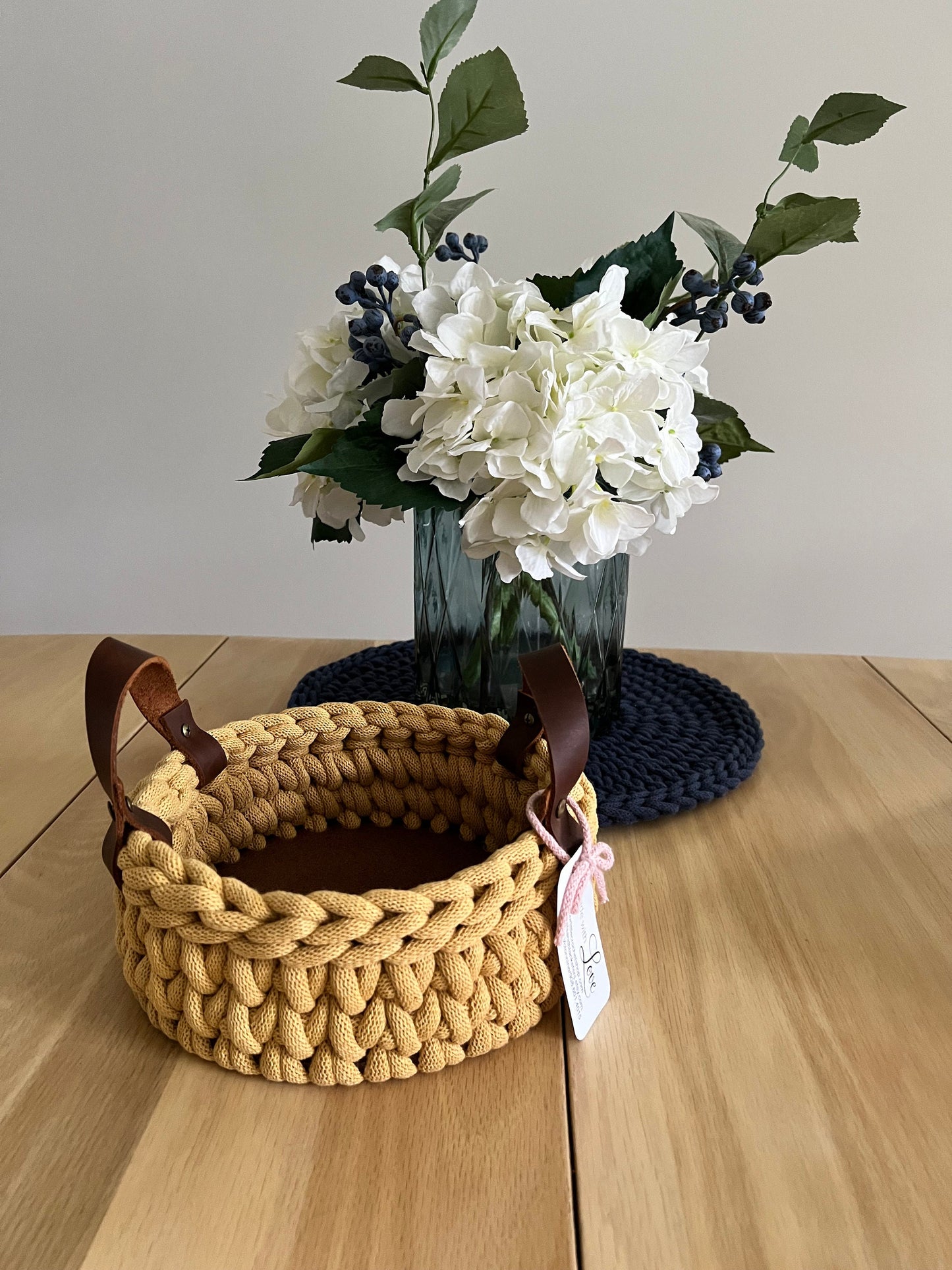 8" Handmade chunky crochet basket, Round crochet basket, Wood bottom basket, Leather handle basket, Made to order - BasketsandBlanketsNJ