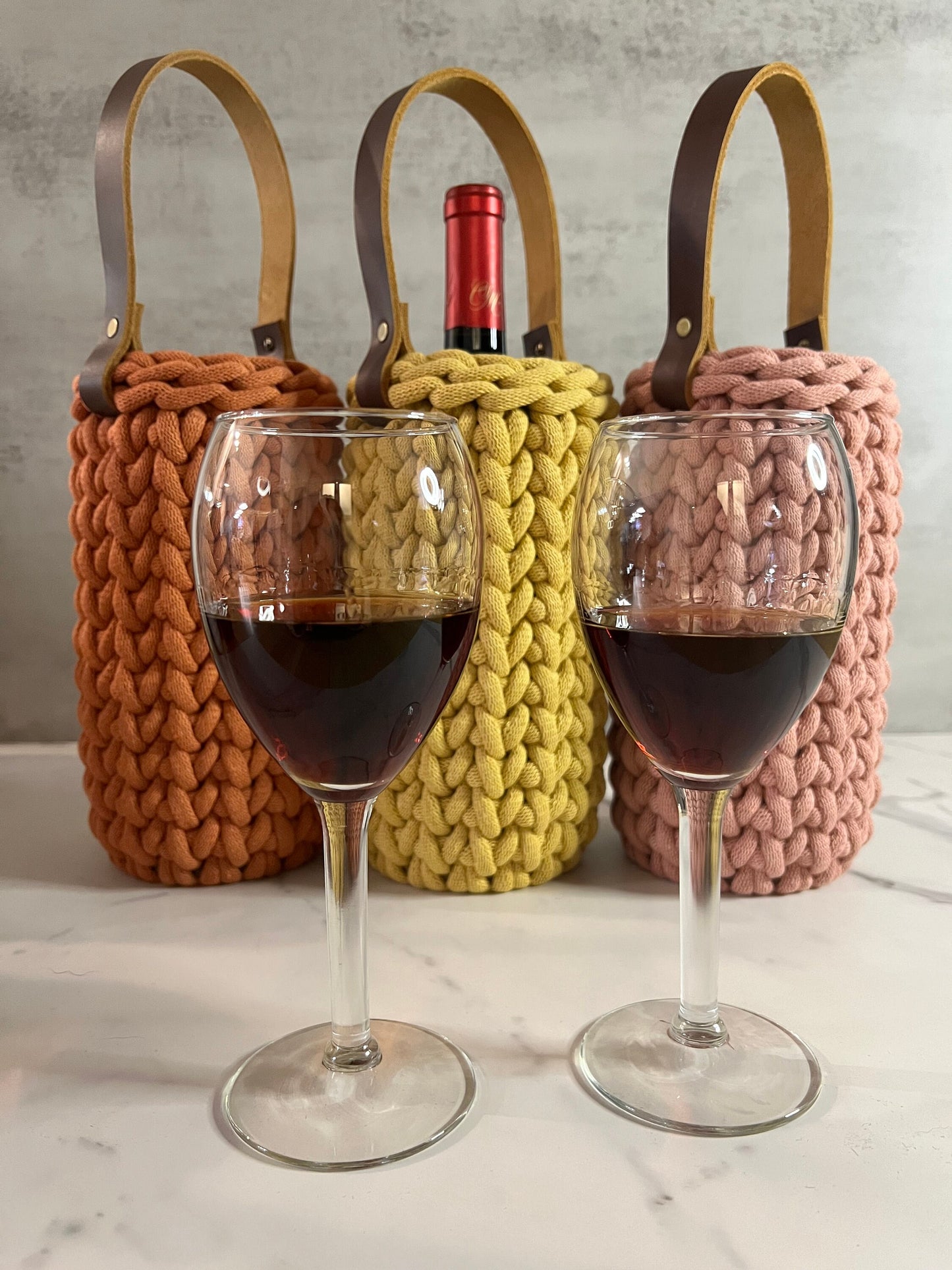Handmade crochet wine carrier, Made to order, chunky crochet, wine bottle holder - BasketsandBlanketsNJ