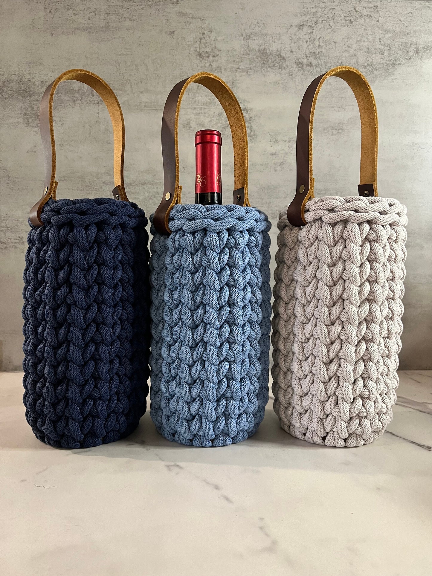 Handmade crochet wine carrier, Made to order, chunky crochet, wine bottle holder - BasketsandBlanketsNJ