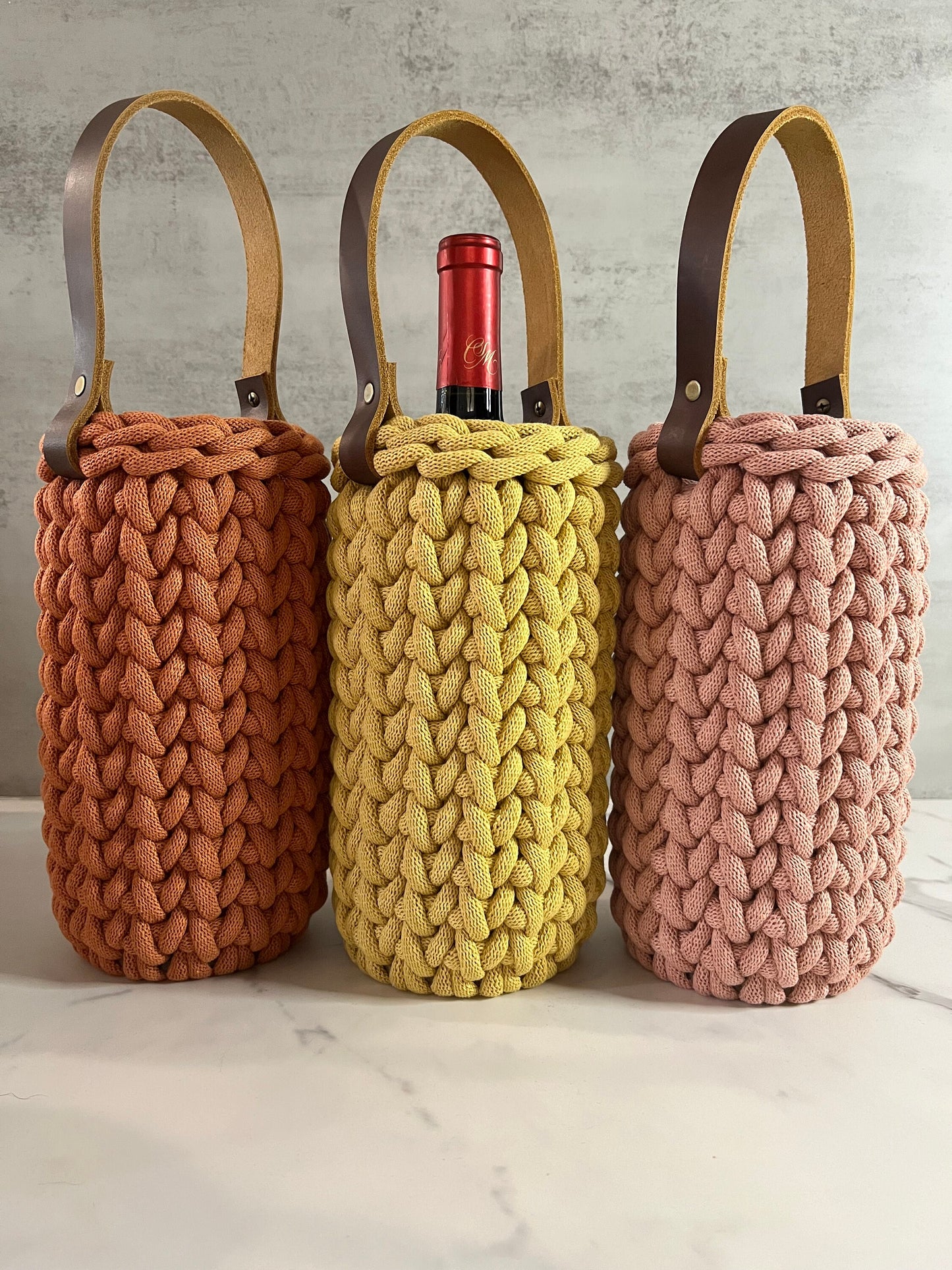 Handmade crochet wine carrier, Made to order, chunky crochet, wine bottle holder - BasketsandBlanketsNJ