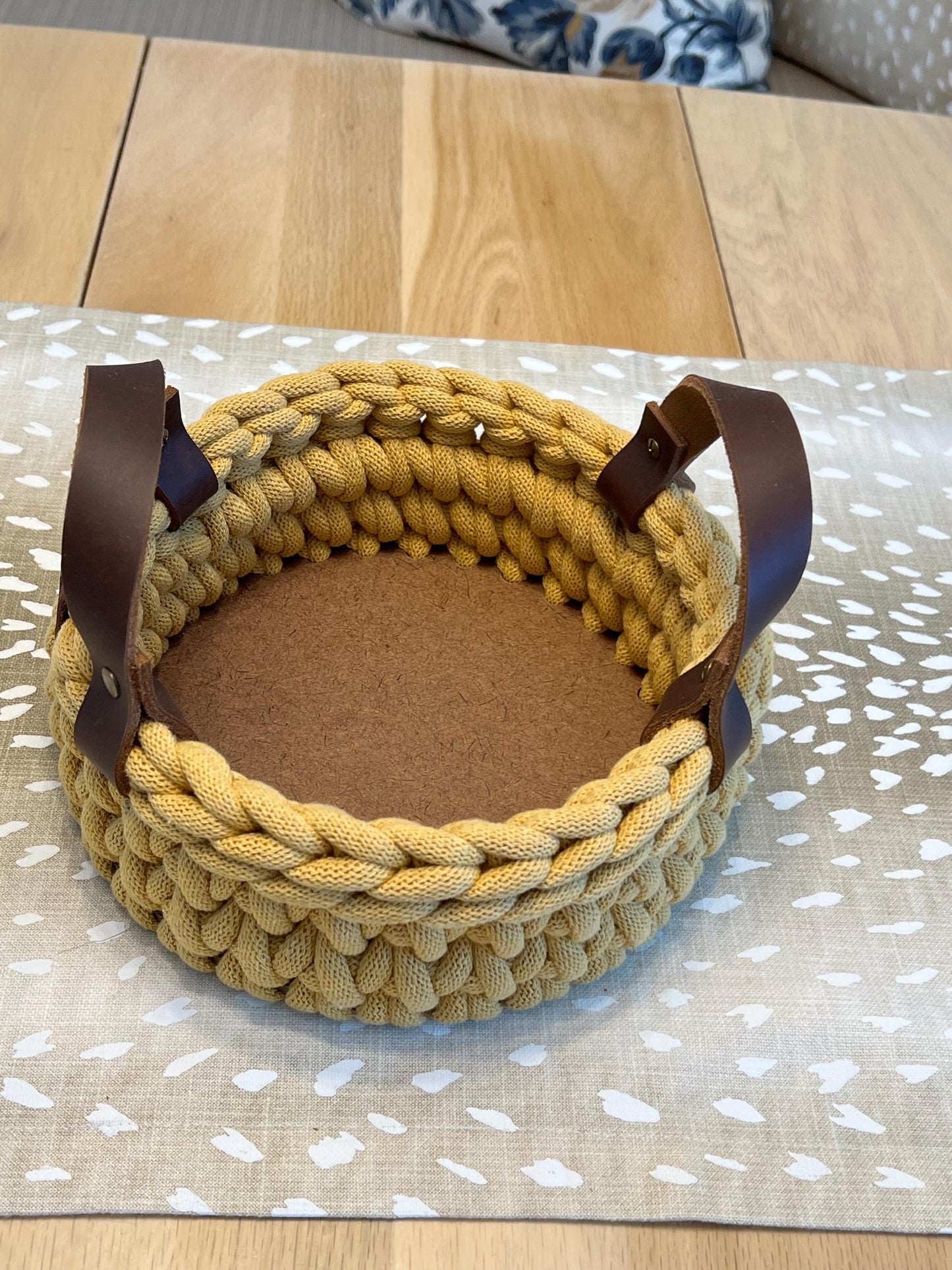 Handmade crochet decorative basket with 8" round wood bottom and genuine leather handles - BasketsandBlanketsNJ