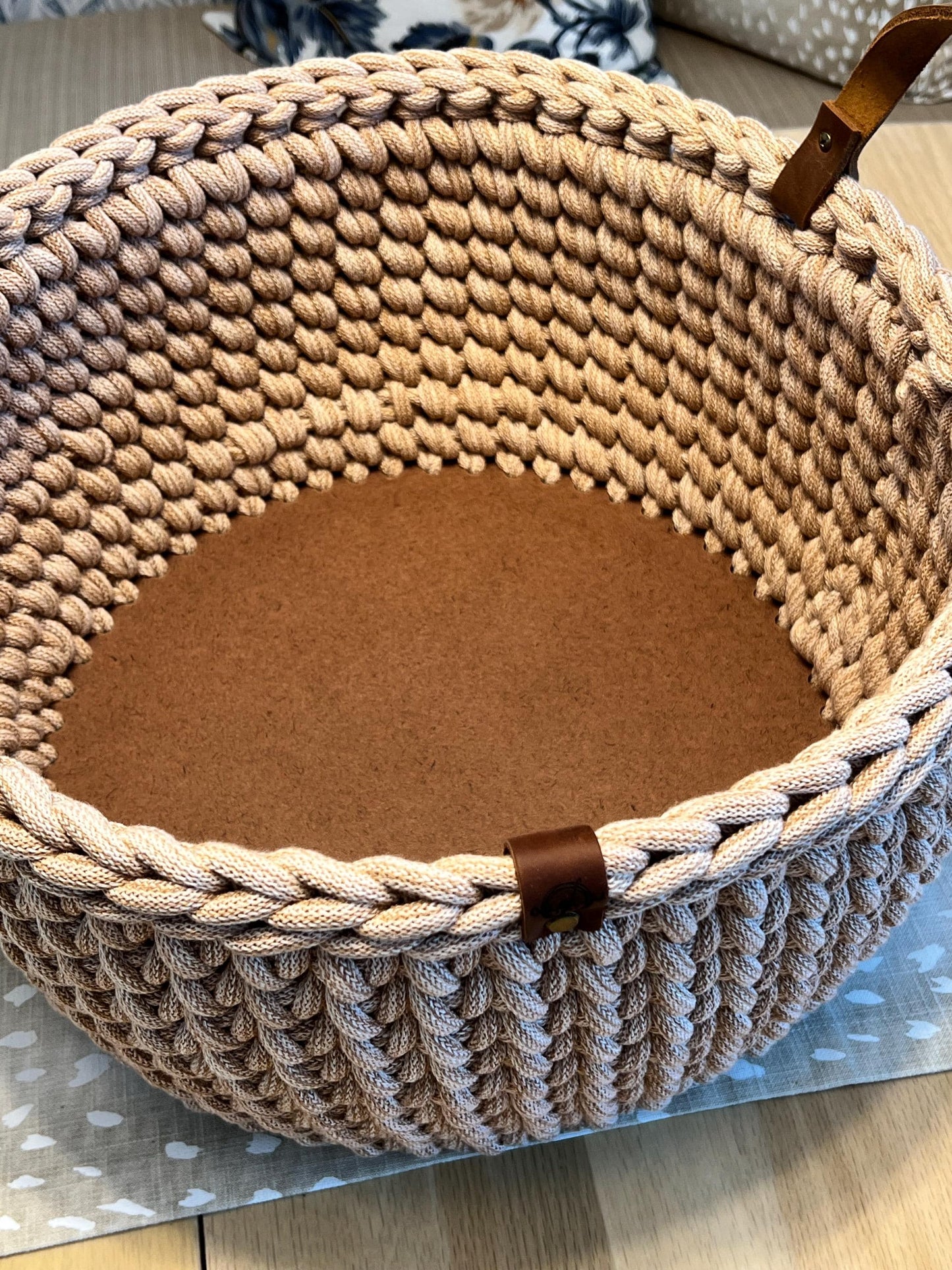 Handmade crochet decorative basket with 14" round wood bottom and genuine leather handles - BasketsandBlanketsNJ