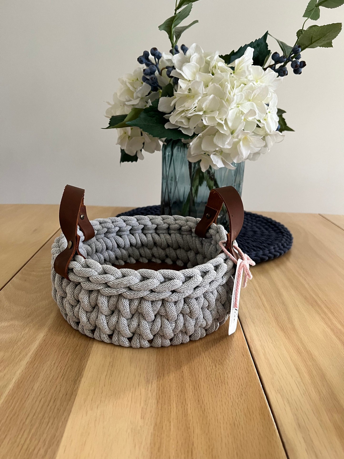 8" Handmade chunky crochet basket, Round crochet basket, Wood bottom basket, Leather handle basket, Made to order - BasketsandBlanketsNJ