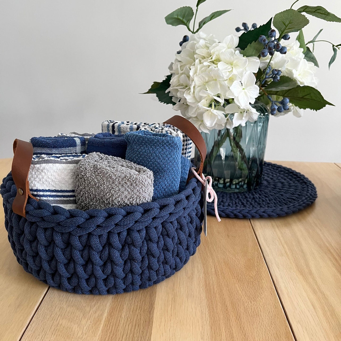 10" Handmade chunky crochet basket, Round crochet basket, Wood bottom basket, Leather handle basket, Made to order - BasketsandBlanketsNJ
