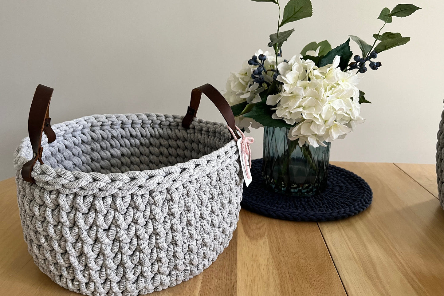 12" Handmade chunky crochet basket, Round crochet basket, Wood bottom basket, Leather handle basket, Made to order - BasketsandBlanketsNJ
