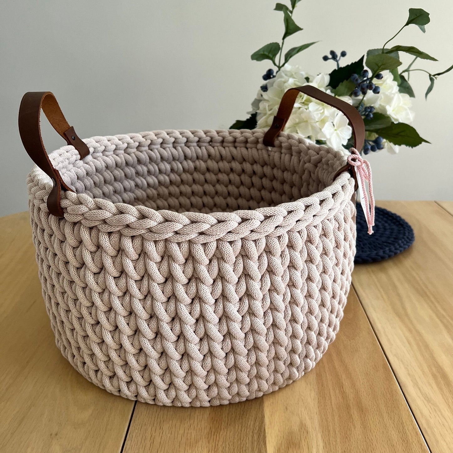 14" Handmade chunky crochet basket, Round crochet basket, Wood bottom basket, Leather handle basket, Made to order - BasketsandBlanketsNJ