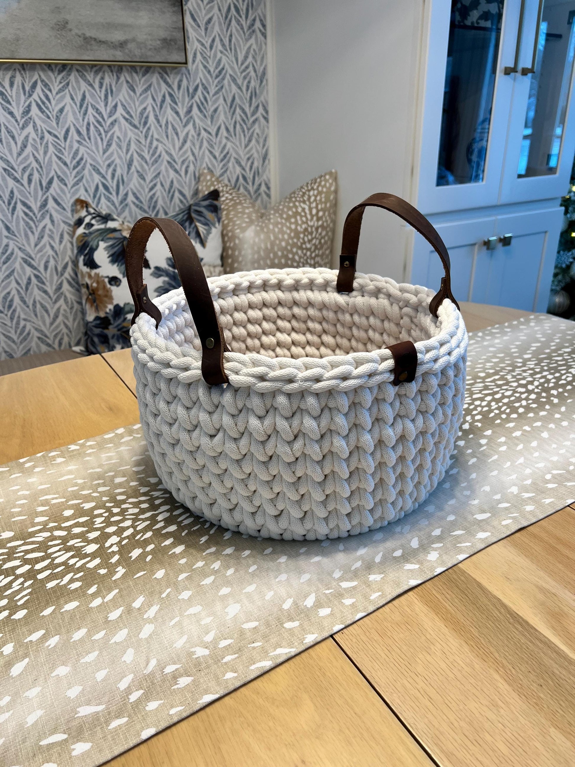Handmade crochet decorative basket with 12" round wood bottom and genuine leather handles - BasketsandBlanketsNJ