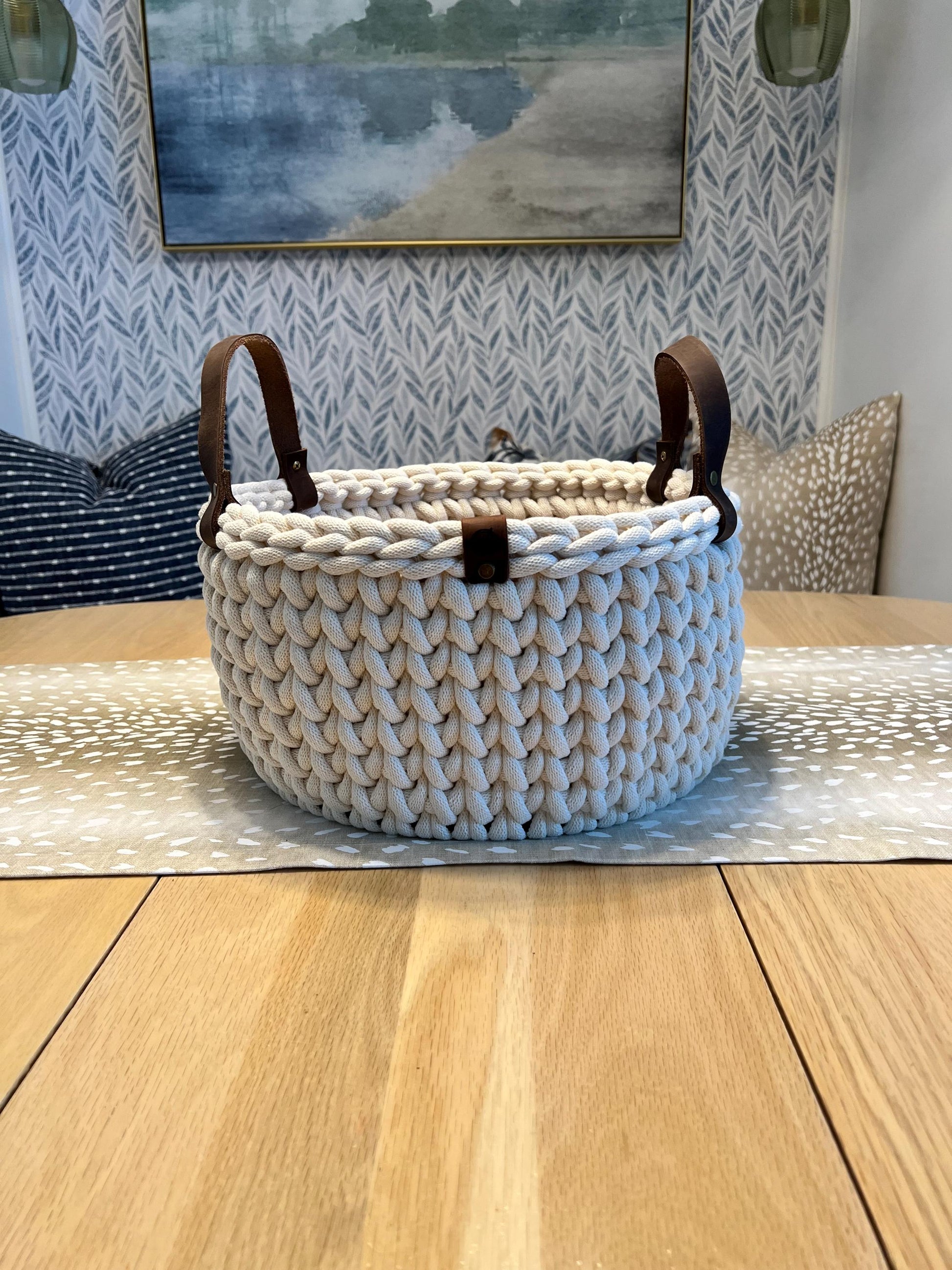 Handmade crochet decorative basket with 12" round wood bottom and genuine leather handles - BasketsandBlanketsNJ