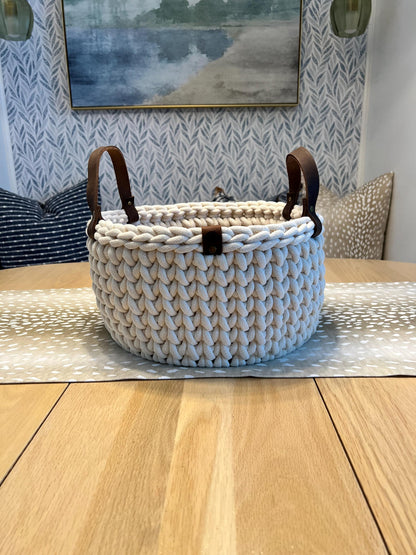 Handmade crochet decorative basket with 12" round wood bottom and genuine leather handles - BasketsandBlanketsNJ