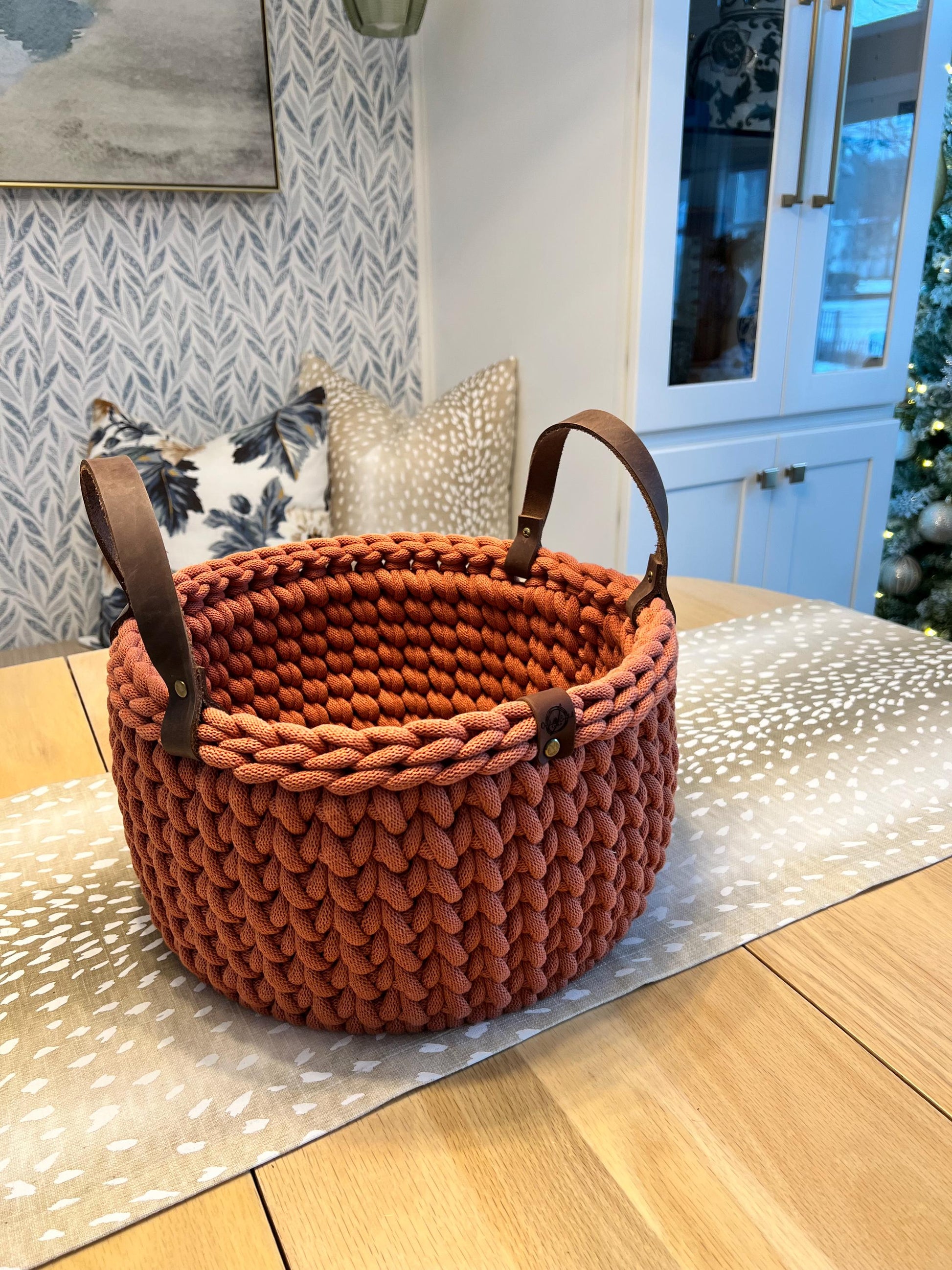 Handmade crochet decorative basket with 12" round wood bottom and genuine leather handles - BasketsandBlanketsNJ