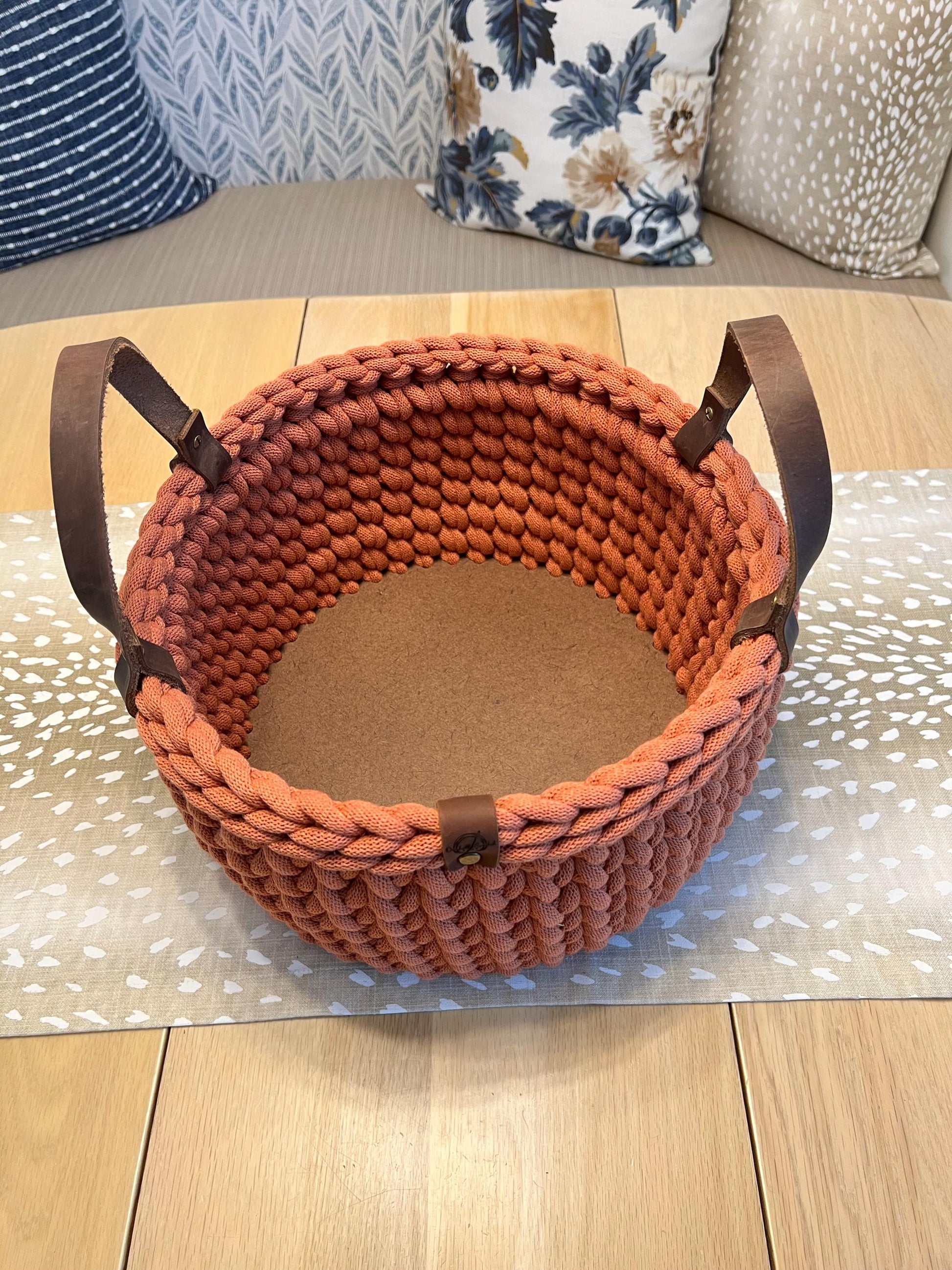 Handmade crochet decorative basket with 12" round wood bottom and genuine leather handles - BasketsandBlanketsNJ
