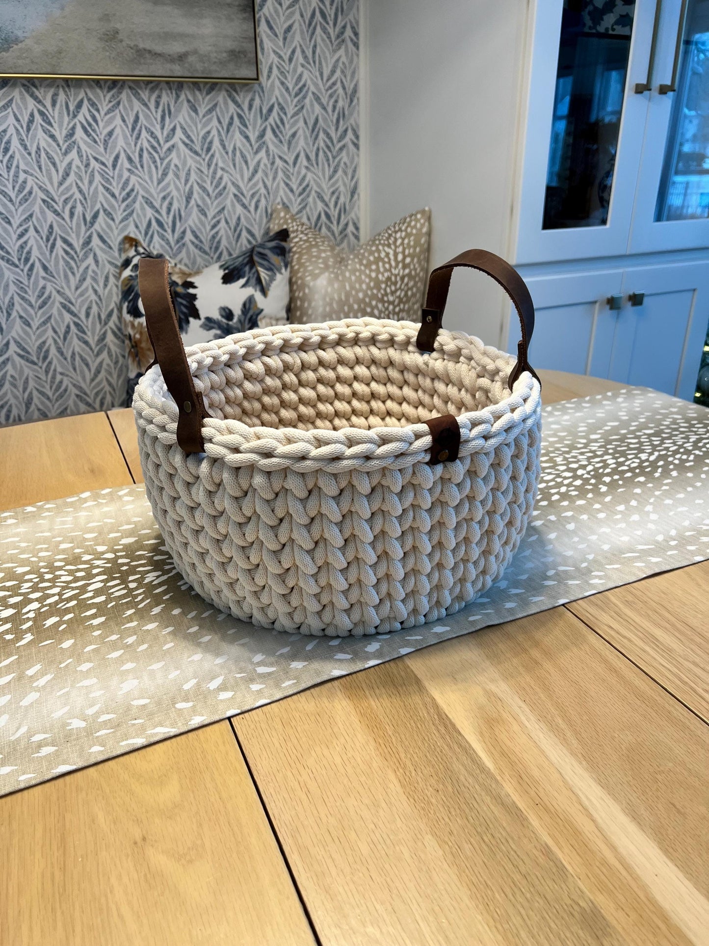 Handmade crochet decorative basket with 12" round wood bottom and genuine leather handles - BasketsandBlanketsNJ