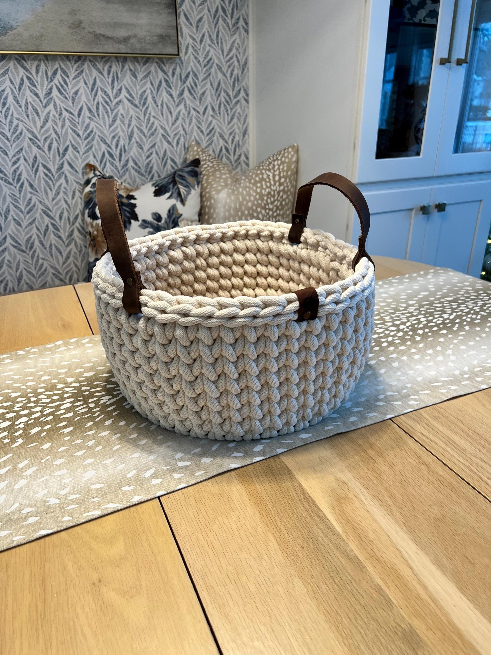 Handmade crochet decorative basket with 12" round wood bottom and genuine leather handles - BasketsandBlanketsNJ