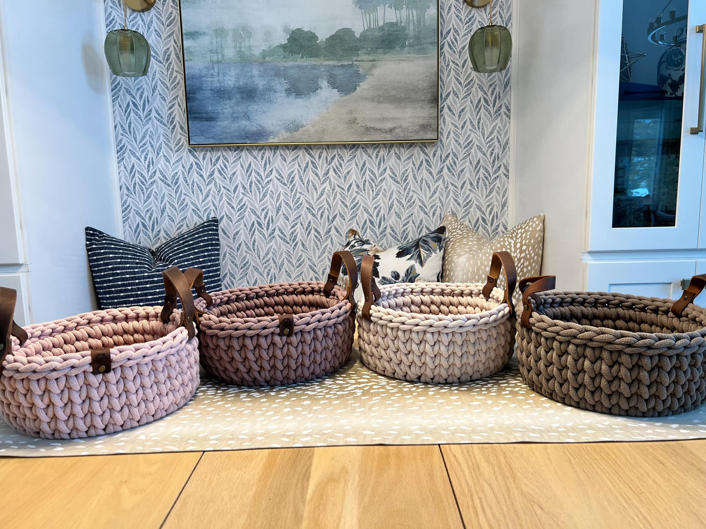 Handmade crochet decorative basket with 10" round wood bottom and genuine leather handles - BasketsandBlanketsNJ