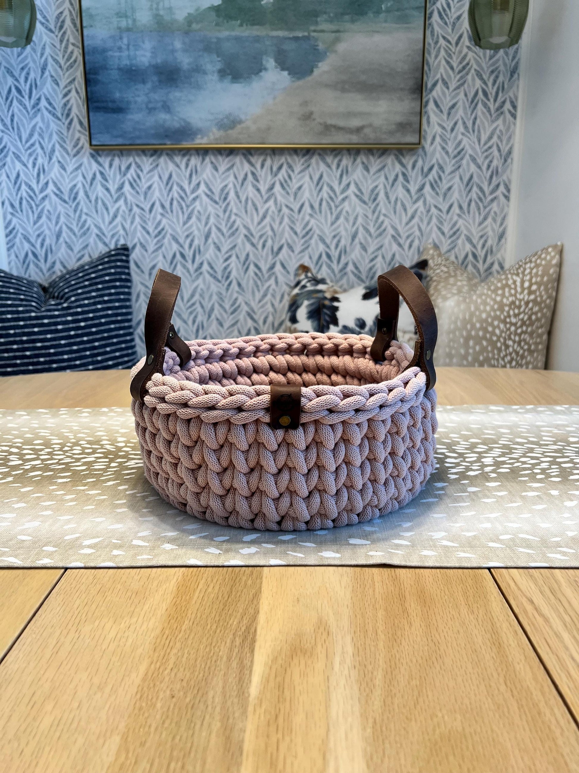 Handmade crochet decorative basket with 10" round wood bottom and genuine leather handles - BasketsandBlanketsNJ