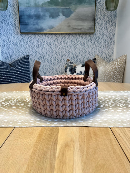 Handmade crochet decorative basket with 10" round wood bottom and genuine leather handles - BasketsandBlanketsNJ