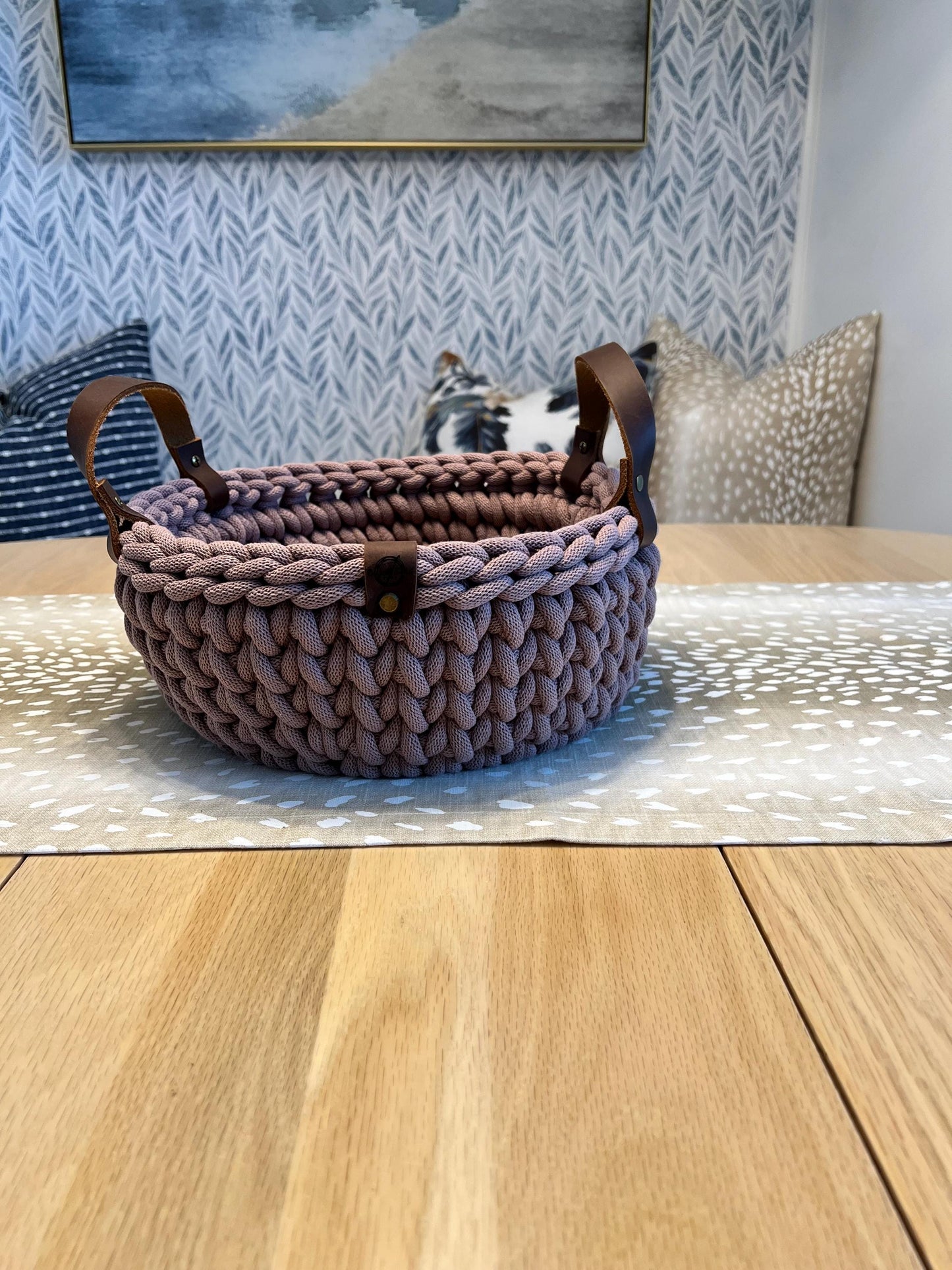 Handmade crochet decorative basket with 10" round wood bottom and genuine leather handles - BasketsandBlanketsNJ