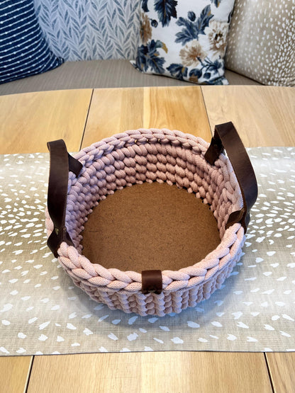 Handmade crochet decorative basket with 10" round wood bottom and genuine leather handles - BasketsandBlanketsNJ