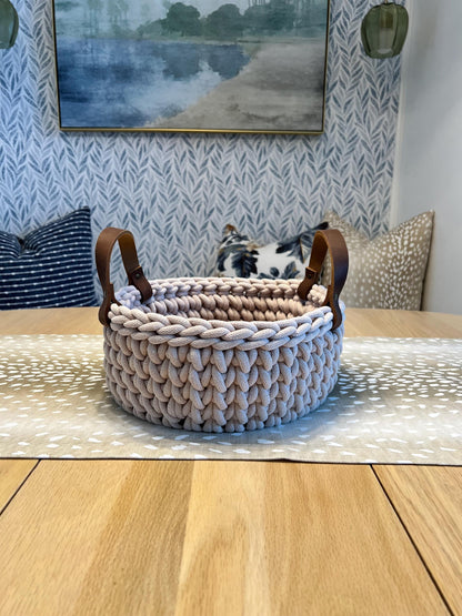 Handmade crochet decorative basket with 10" round wood bottom and genuine leather handles - BasketsandBlanketsNJ