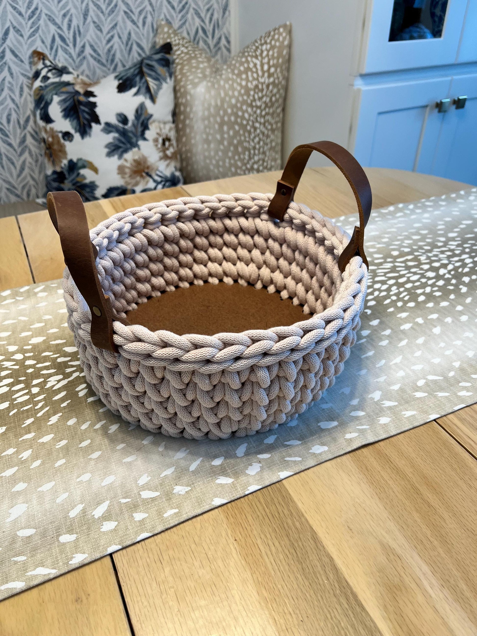 Handmade crochet decorative basket with 10" round wood bottom and genuine leather handles - BasketsandBlanketsNJ