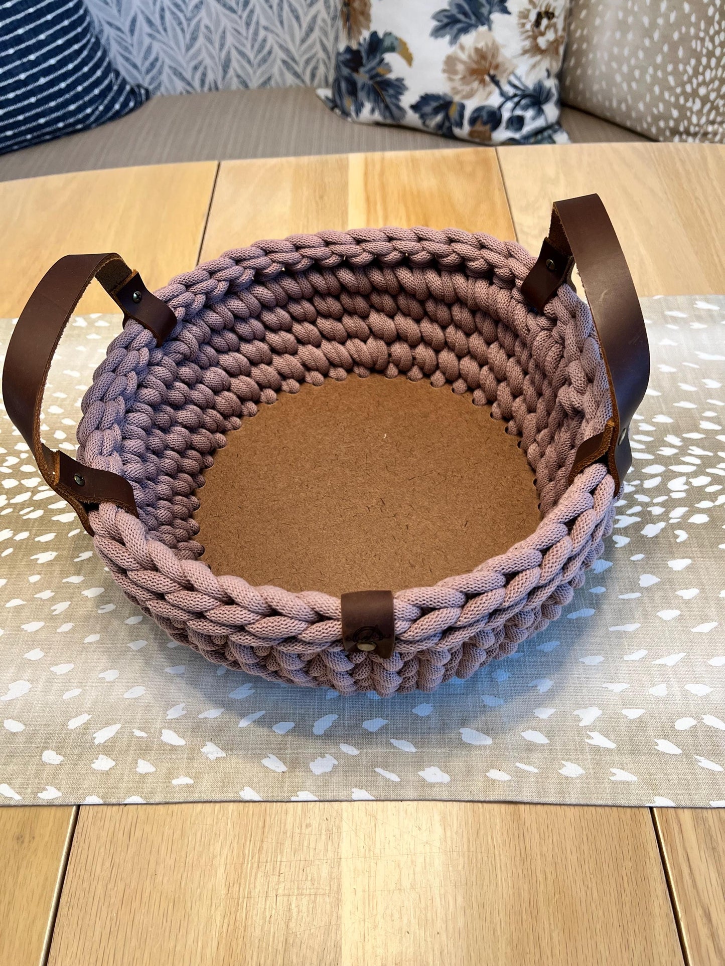 Handmade crochet decorative basket with 10" round wood bottom and genuine leather handles - BasketsandBlanketsNJ