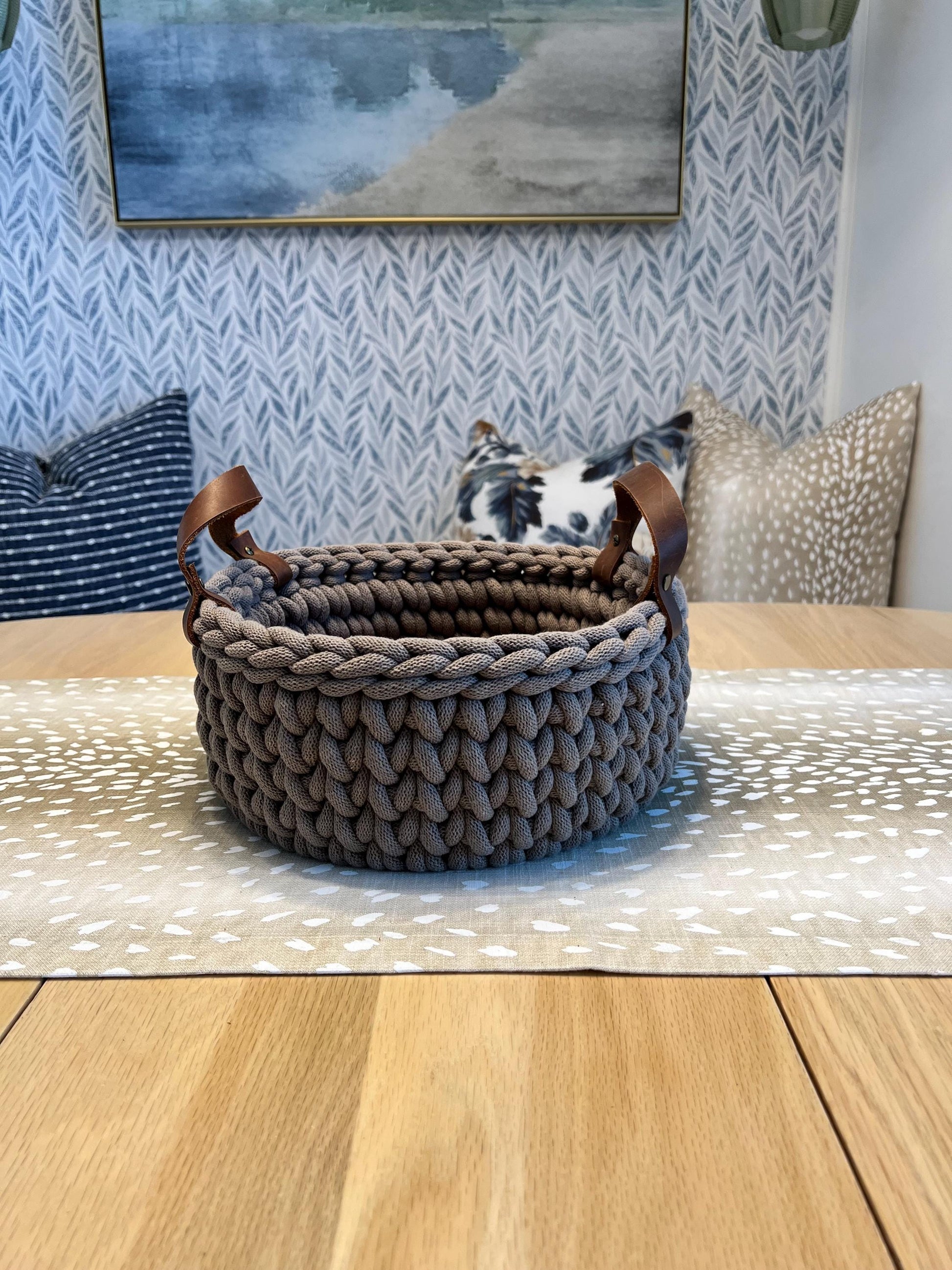 Handmade crochet decorative basket with 10" round wood bottom and genuine leather handles - BasketsandBlanketsNJ