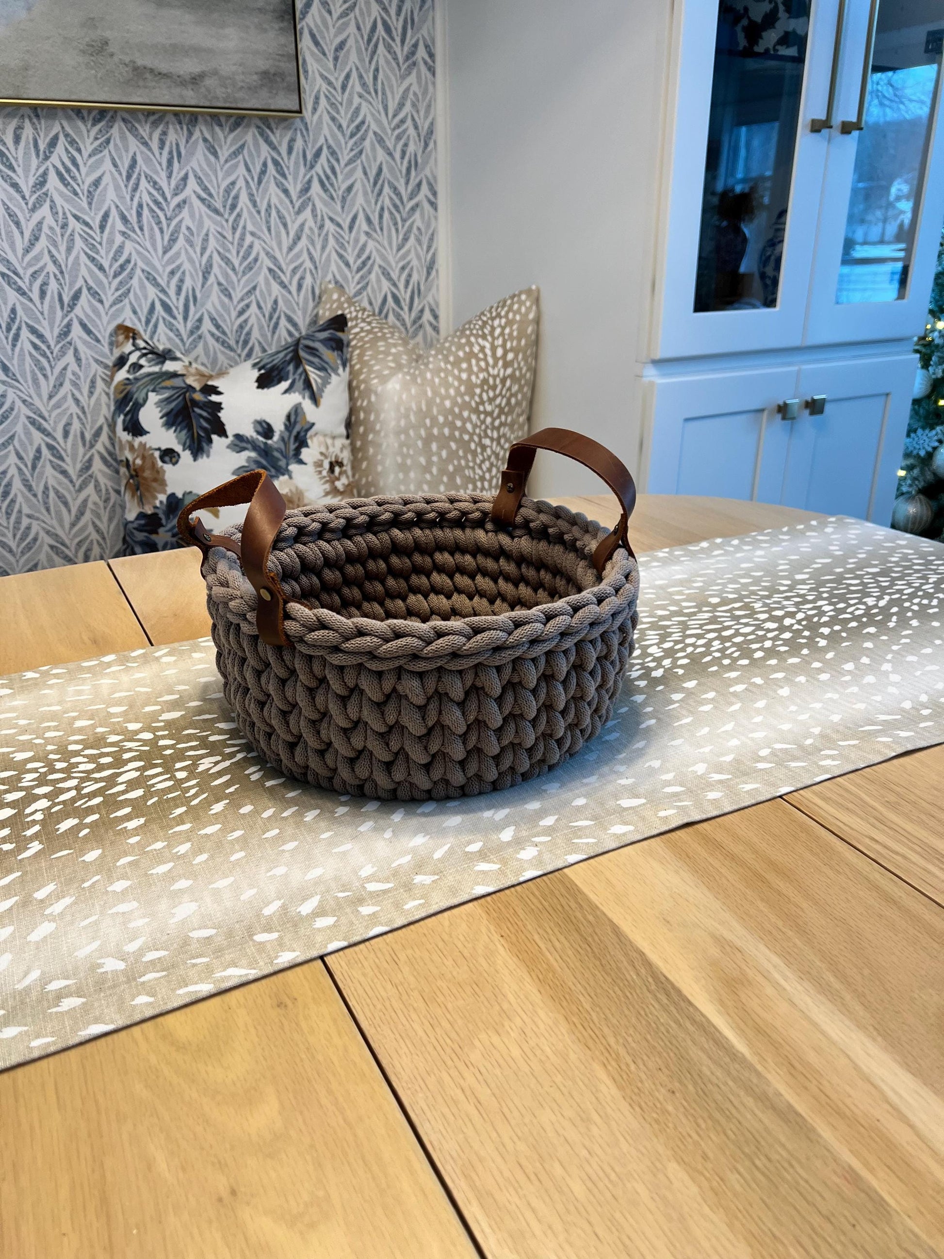 Handmade crochet decorative basket with 10" round wood bottom and genuine leather handles - BasketsandBlanketsNJ