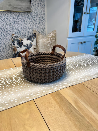 Handmade crochet decorative basket with 10" round wood bottom and genuine leather handles - BasketsandBlanketsNJ