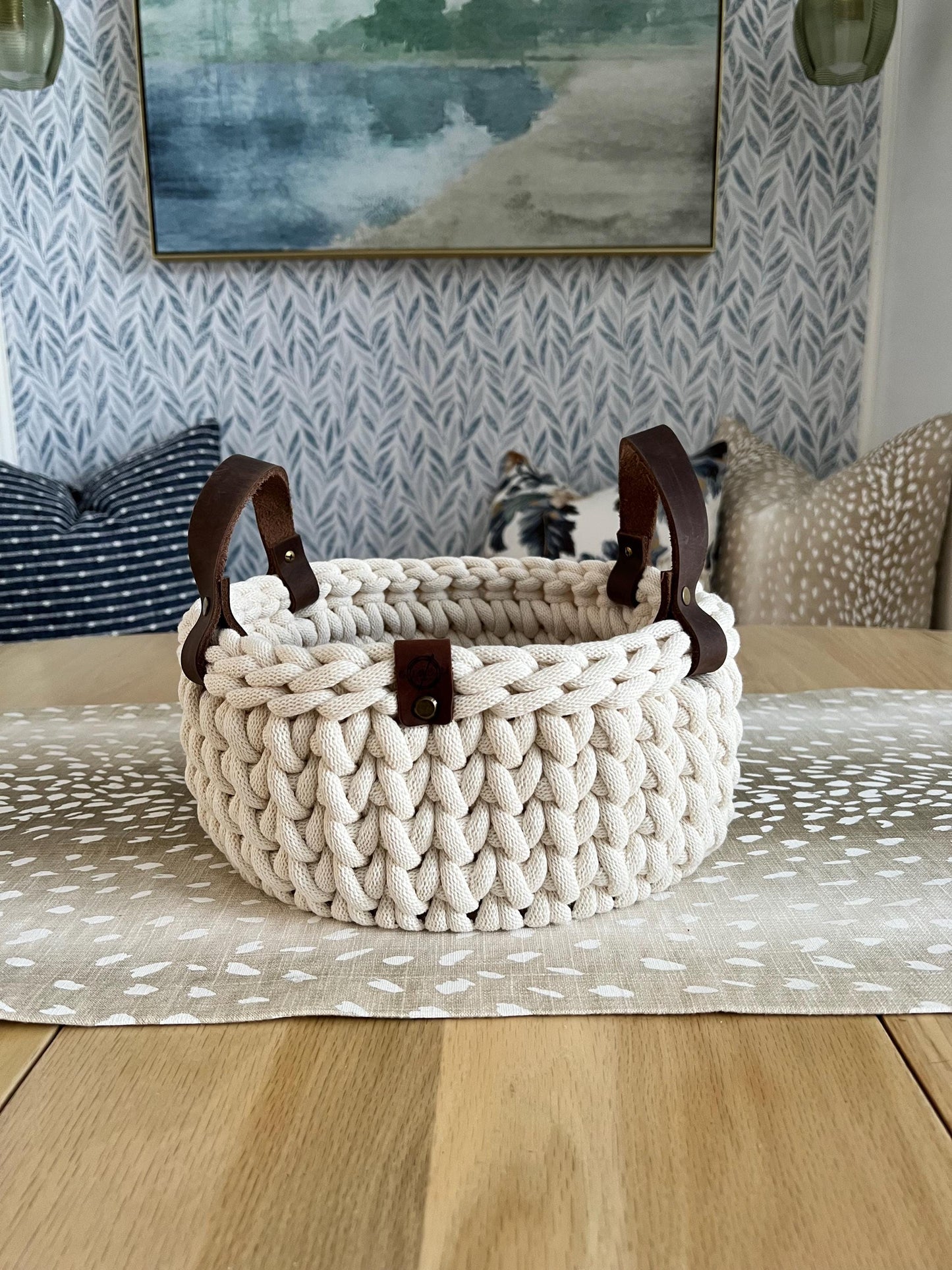 Handmade crochet decorative basket with 10" round wood bottom and genuine leather handles - BasketsandBlanketsNJ