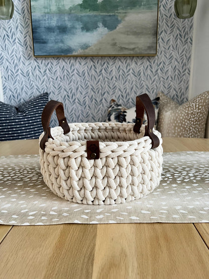 Handmade crochet decorative basket with 10" round wood bottom and genuine leather handles - BasketsandBlanketsNJ