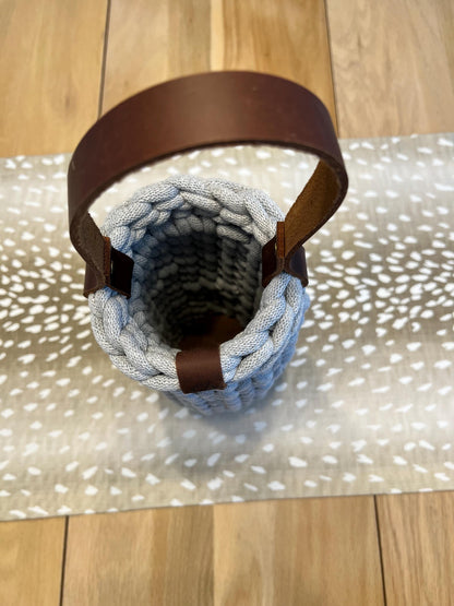 Wine bottle carrier, handmade crochet chunky wine carrier with wood bottom and genuine leather handle - BasketsandBlanketsNJ