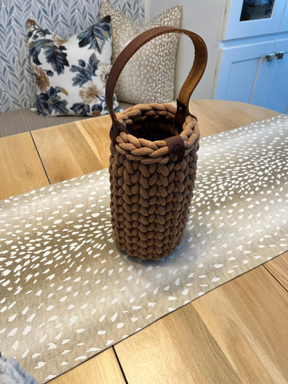 Wine bottle carrier, handmade crochet chunky wine carrier with wood bottom and genuine leather handle - BasketsandBlanketsNJ
