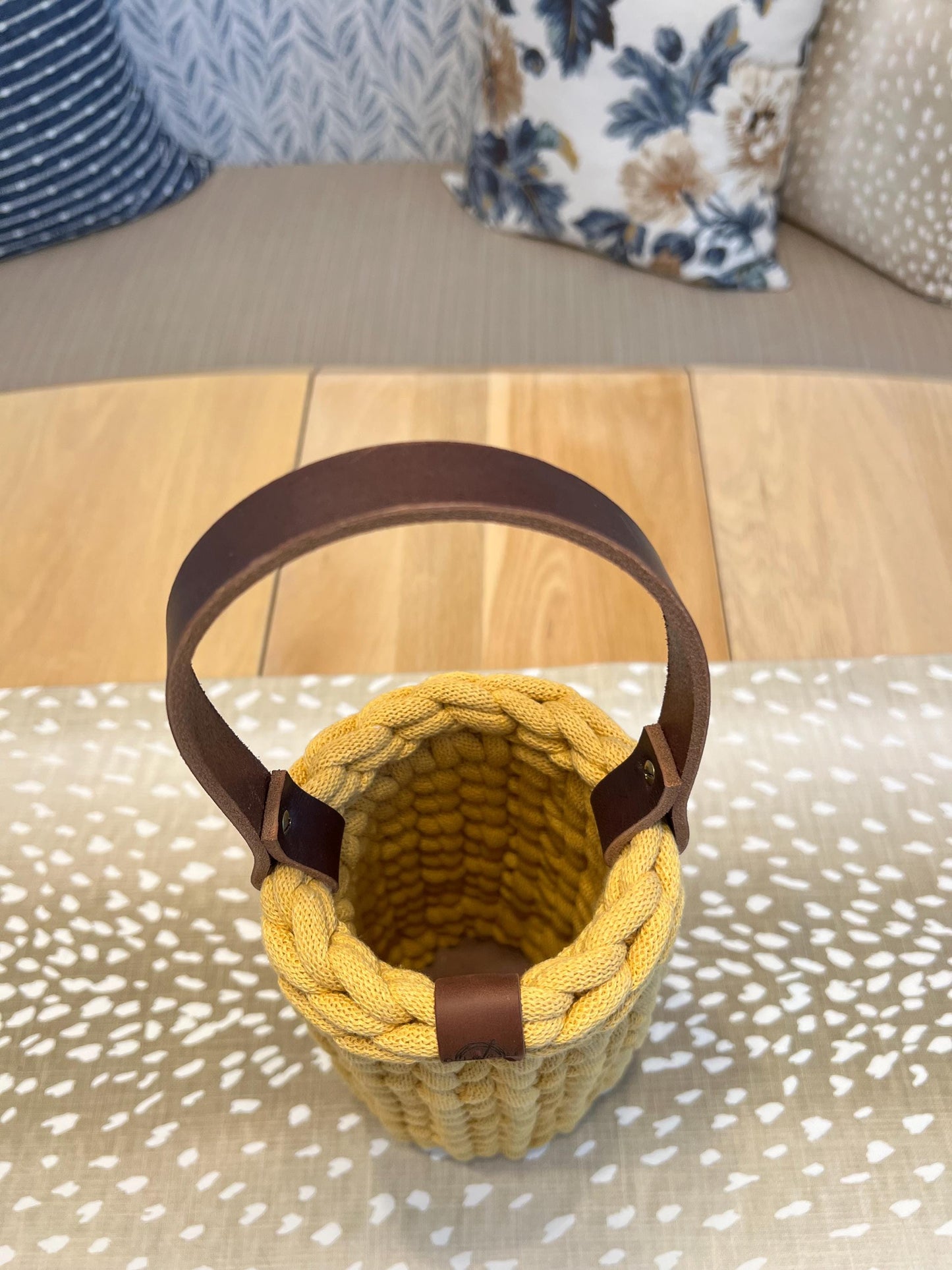 Wine bottle carrier, handmade crochet chunky wine carrier with wood bottom and genuine leather handle - BasketsandBlanketsNJ