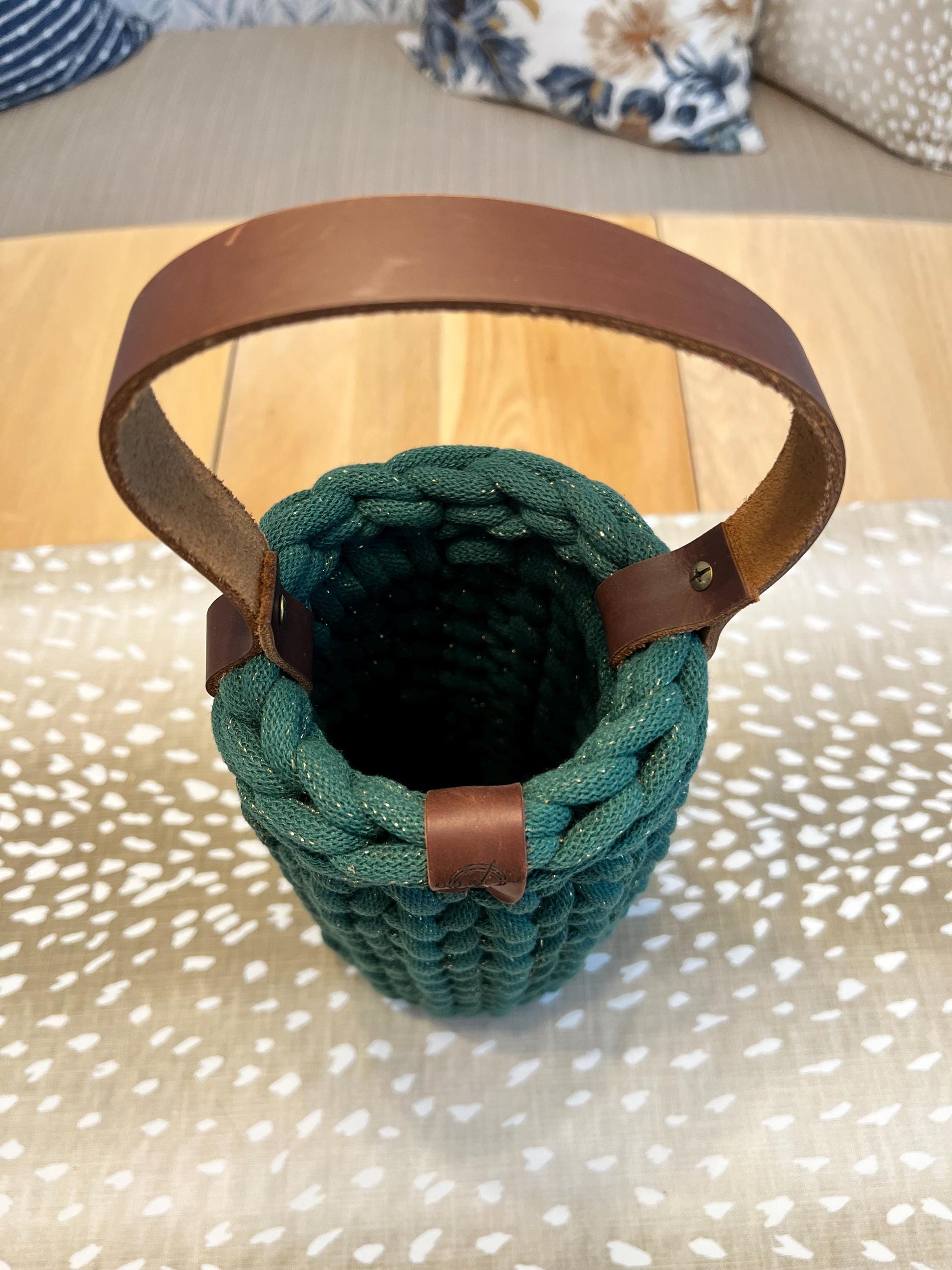 Wine bottle carrier, handmade crochet chunky wine carrier with wood bottom and genuine leather handle - BasketsandBlanketsNJ