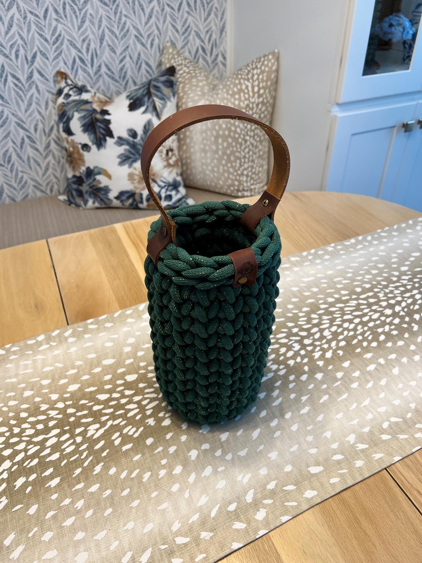 Wine bottle carrier, handmade crochet chunky wine carrier with wood bottom and genuine leather handle - BasketsandBlanketsNJ