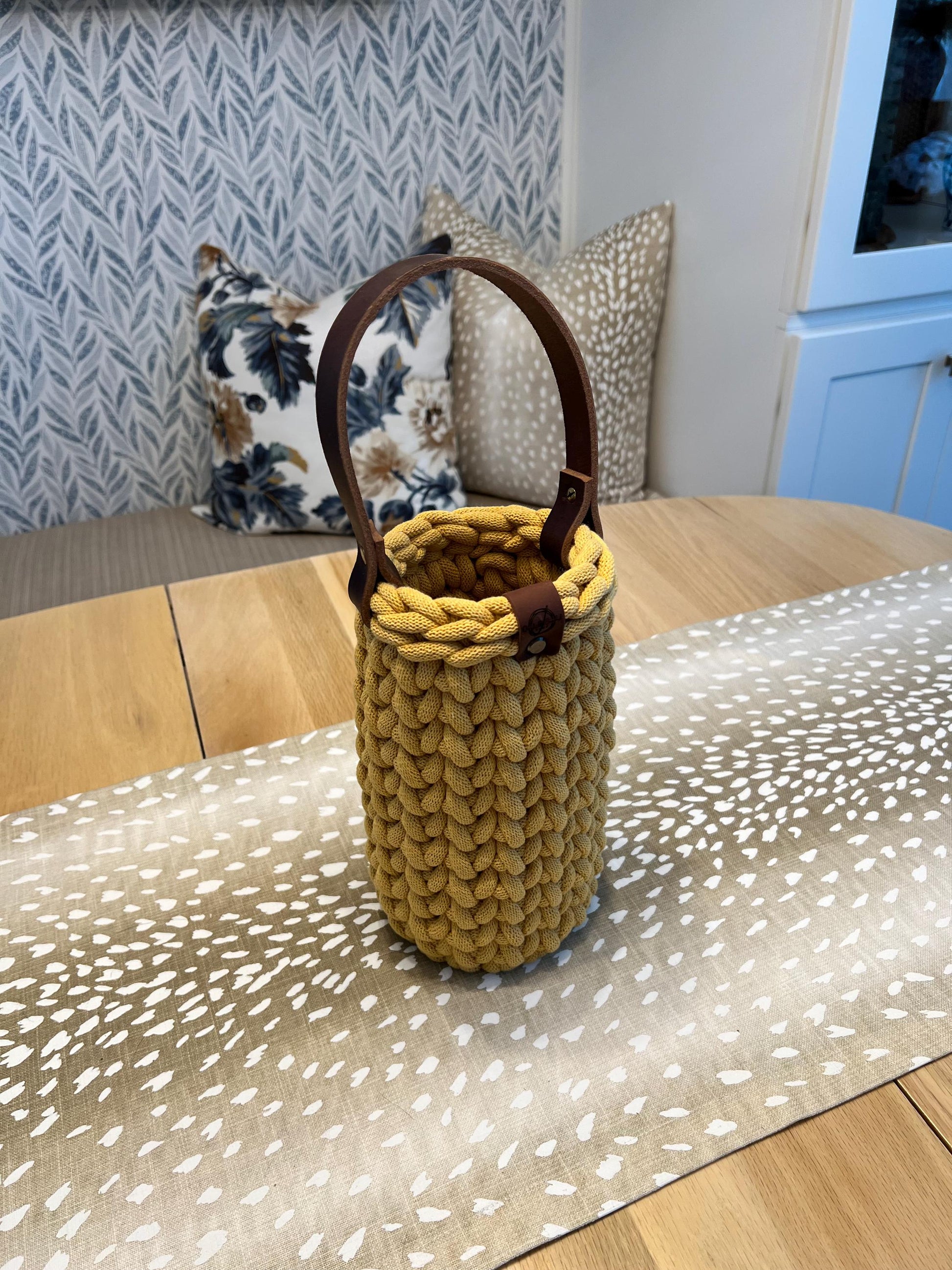 Wine bottle carrier, handmade crochet chunky wine carrier with wood bottom and genuine leather handle - BasketsandBlanketsNJ