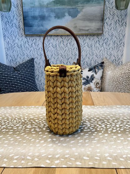 Wine bottle carrier, handmade crochet chunky wine carrier with wood bottom and genuine leather handle - BasketsandBlanketsNJ