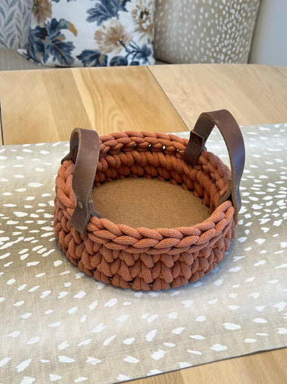 Handmade crochet decorative basket with 8" round wood bottom and genuine leather handles - BasketsandBlanketsNJ