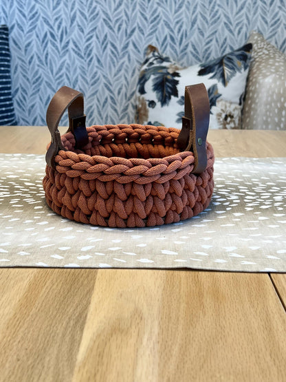 Handmade crochet decorative basket with 8" round wood bottom and genuine leather handles - BasketsandBlanketsNJ