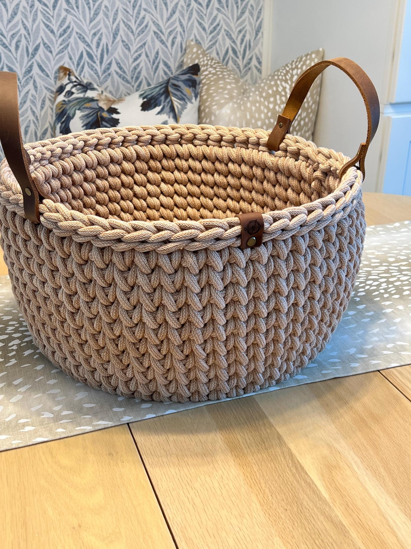Handmade crochet decorative basket with 14" round wood bottom and genuine leather handles - BasketsandBlanketsNJ
