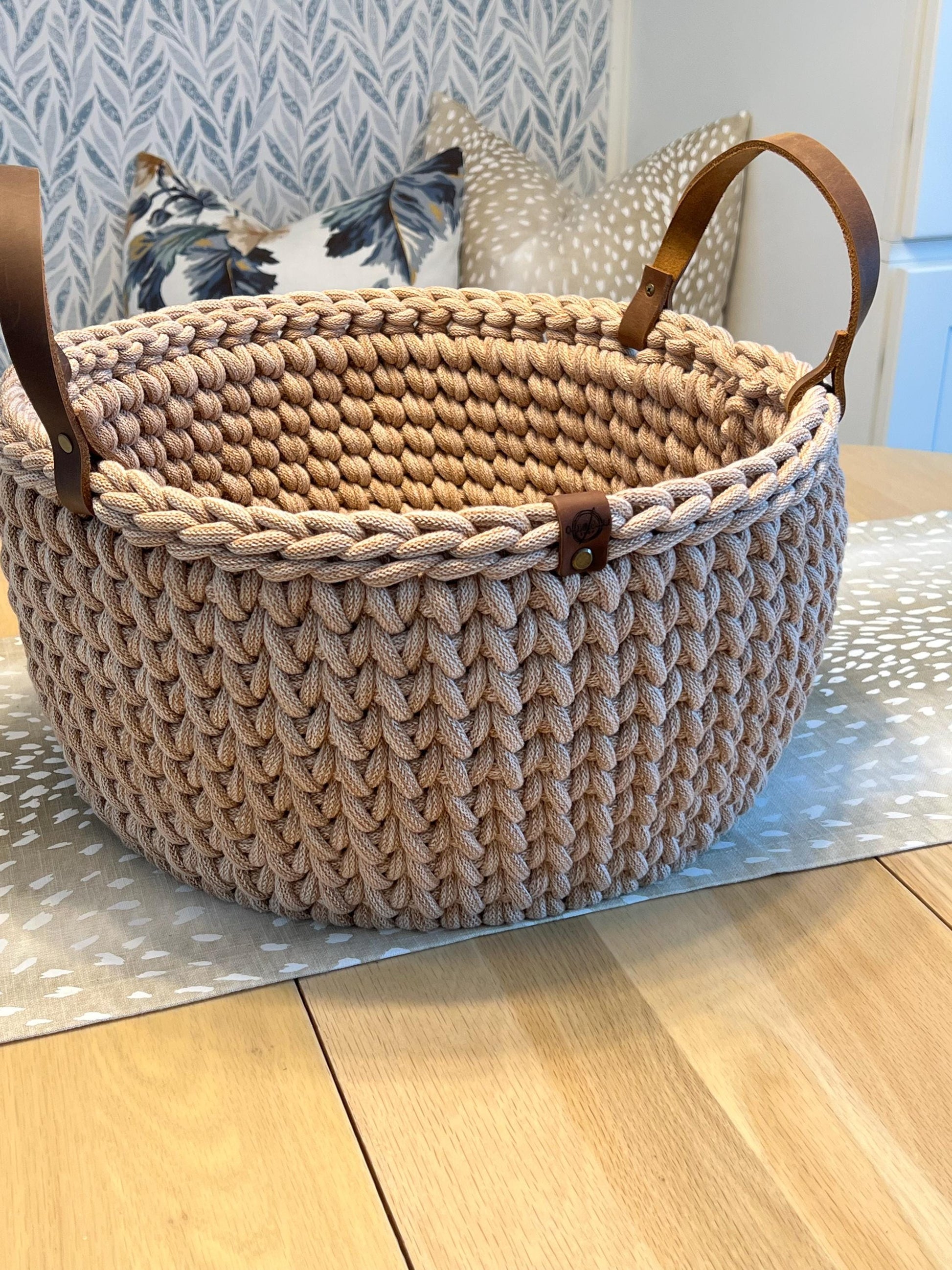 Handmade crochet decorative basket with 14" round wood bottom and genuine leather handles - BasketsandBlanketsNJ