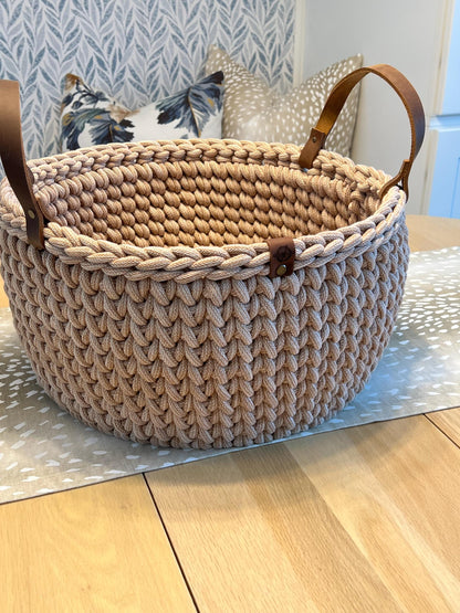 Handmade crochet decorative basket with 14" round wood bottom and genuine leather handles - BasketsandBlanketsNJ