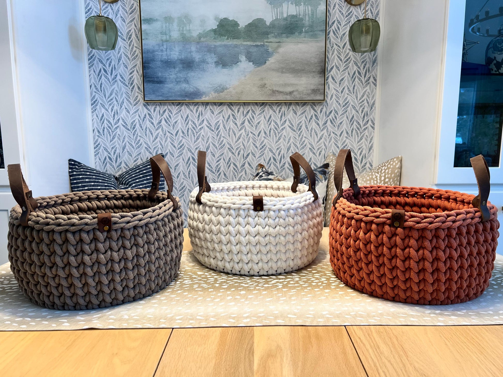 Handmade crochet decorative basket with 12" round wood bottom and genuine leather handles - BasketsandBlanketsNJ