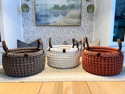 Handmade crochet decorative basket with 12" round wood bottom and genuine leather handles - BasketsandBlanketsNJ