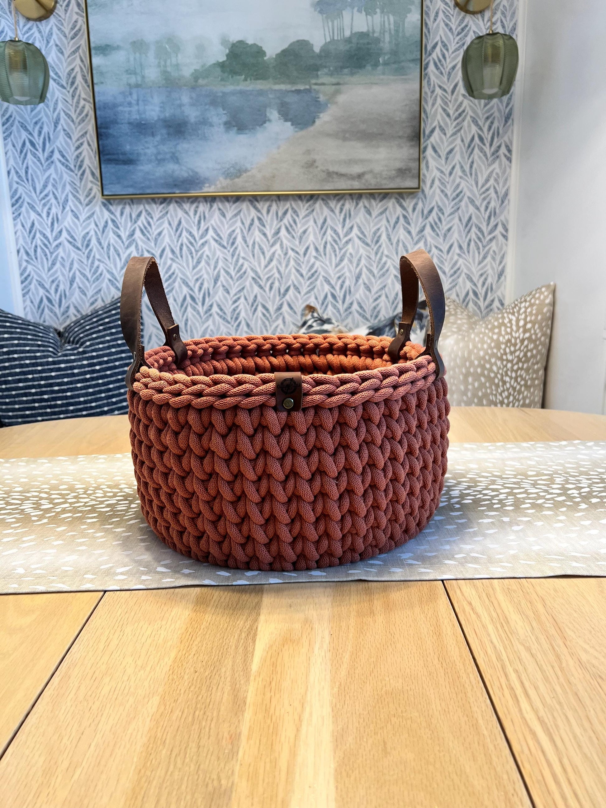 Handmade crochet decorative basket with 12" round wood bottom and genuine leather handles - BasketsandBlanketsNJ