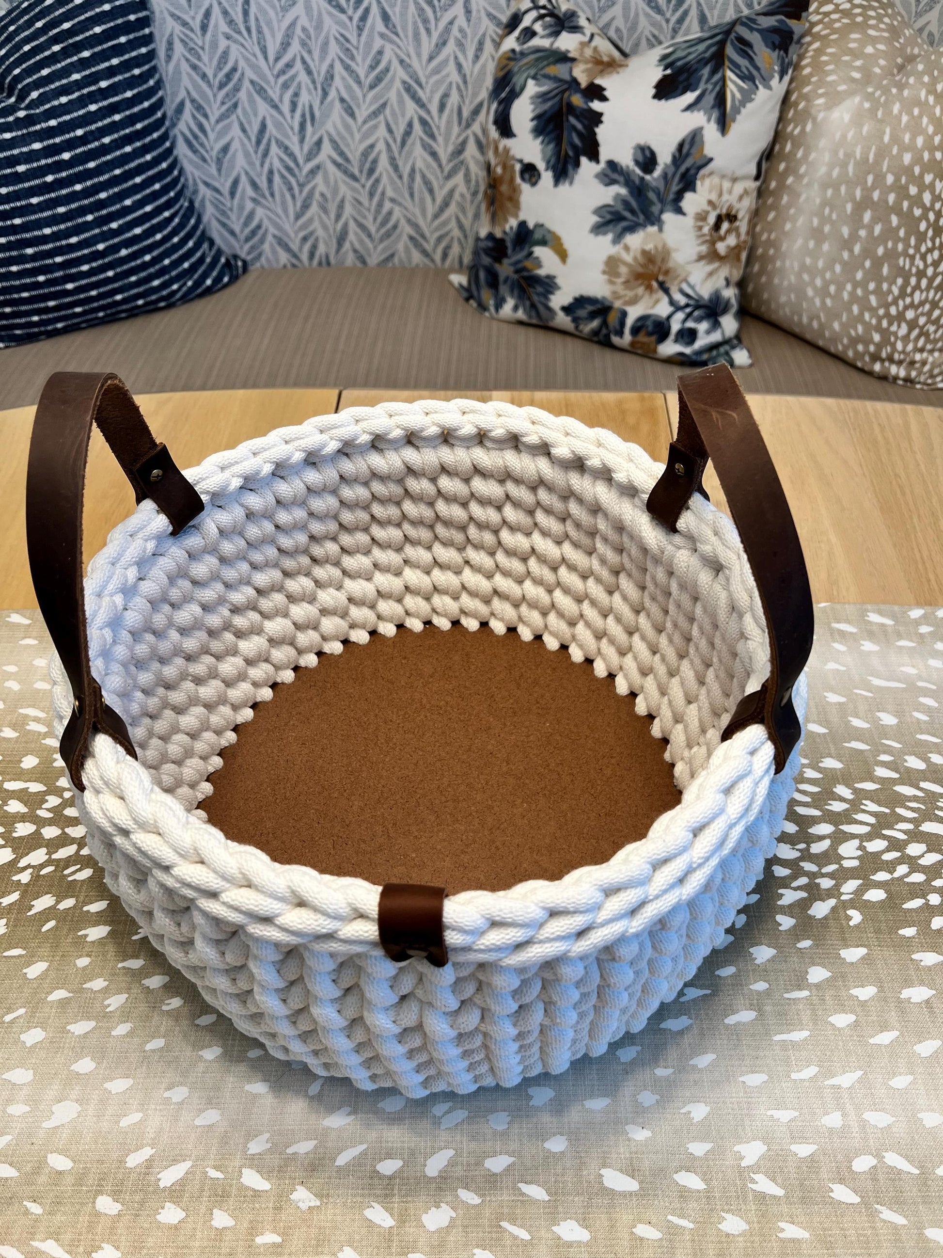 Handmade crochet decorative basket with 12" round wood bottom and genuine leather handles - BasketsandBlanketsNJ