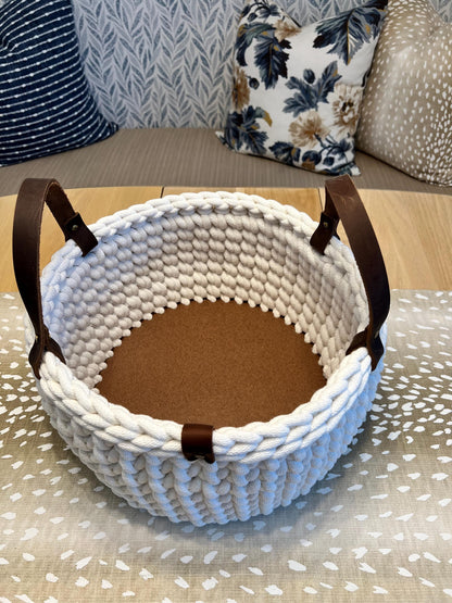 Handmade crochet decorative basket with 12" round wood bottom and genuine leather handles - BasketsandBlanketsNJ
