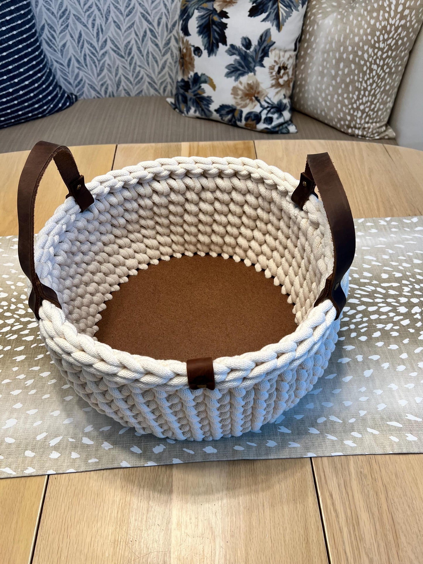 Handmade crochet decorative basket with 12" round wood bottom and genuine leather handles - BasketsandBlanketsNJ
