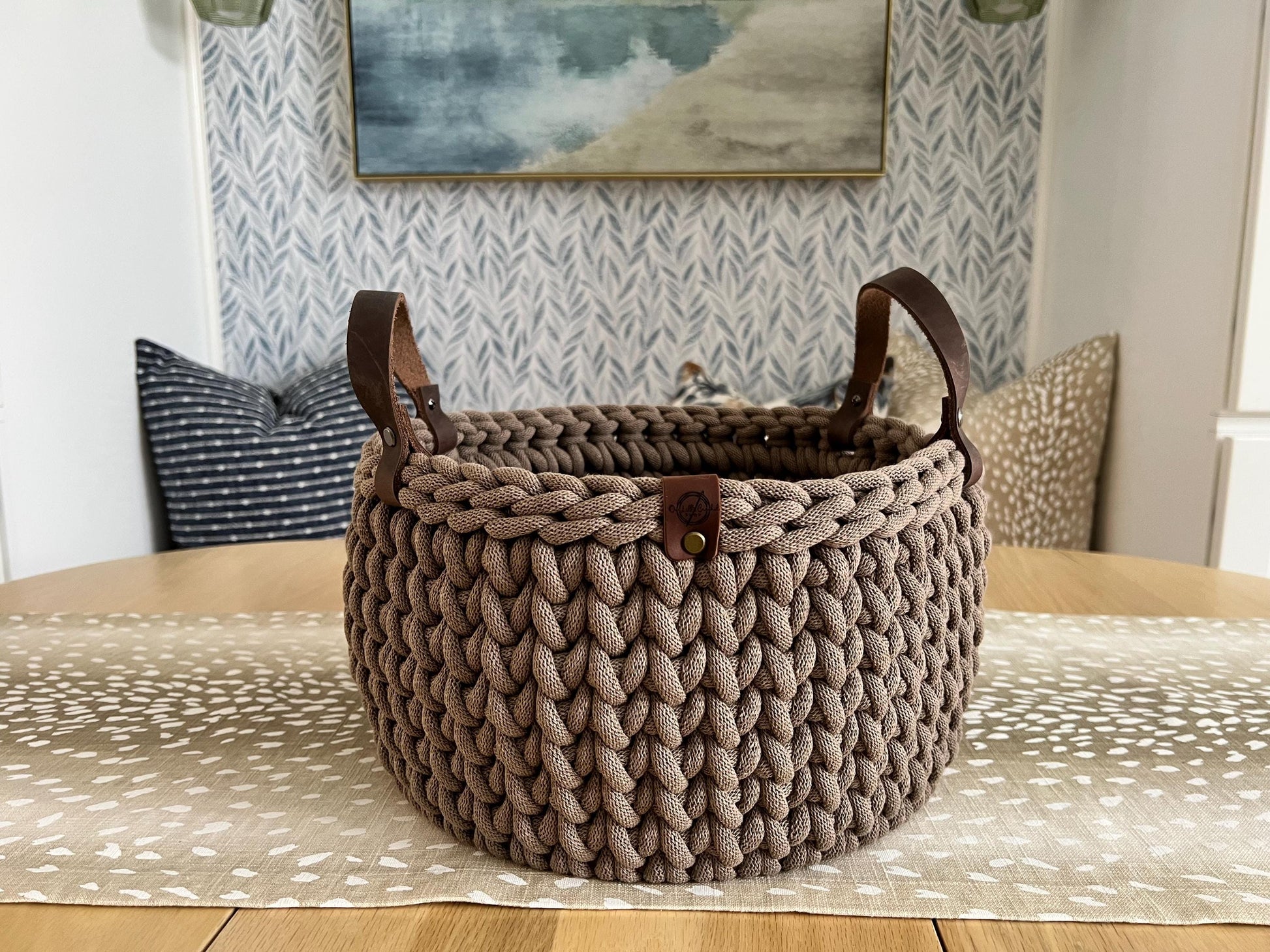 Handmade crochet decorative basket with 12" round wood bottom and genuine leather handles - BasketsandBlanketsNJ