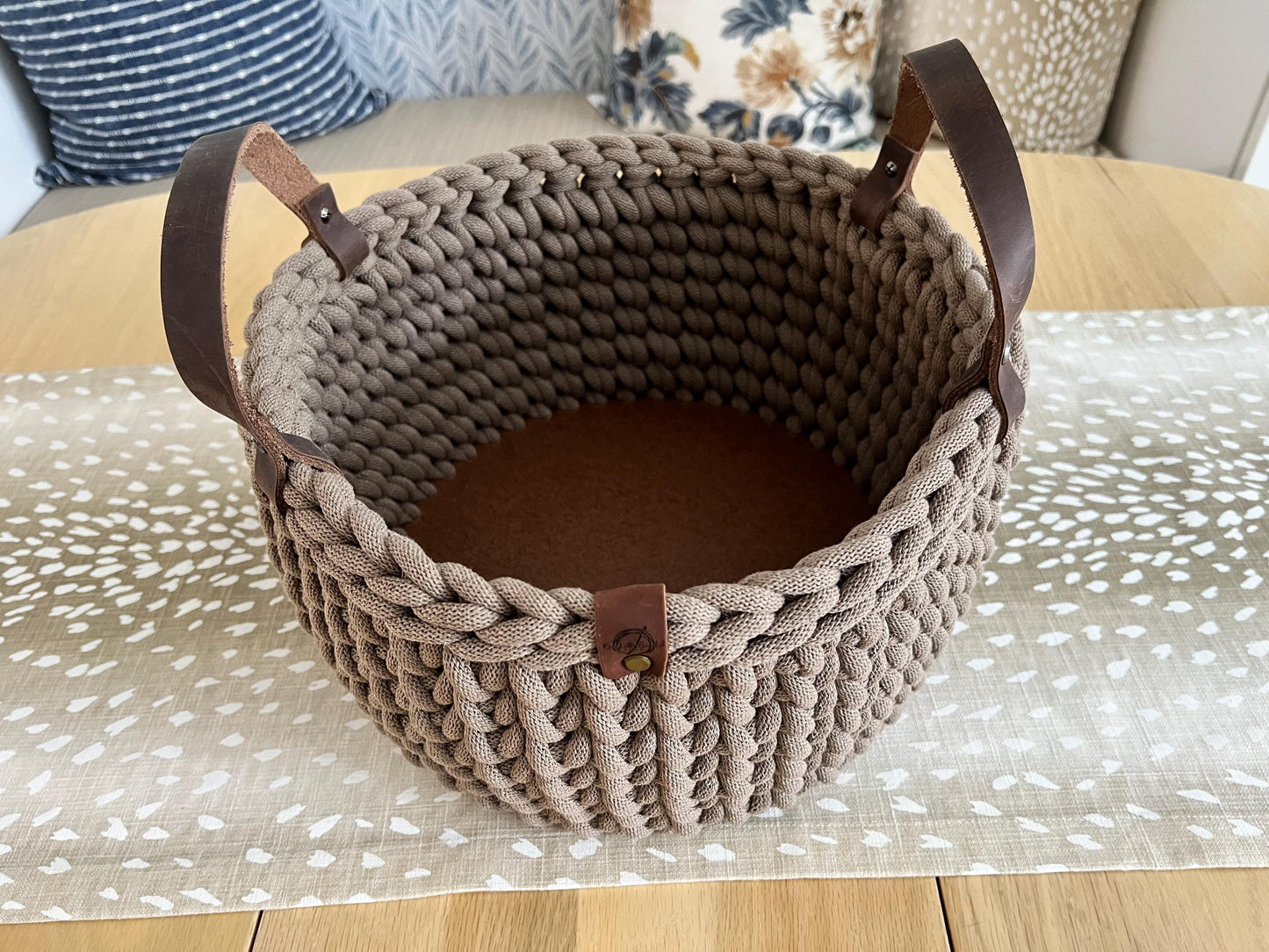 Handmade crochet decorative basket with 12" round wood bottom and genuine leather handles - BasketsandBlanketsNJ